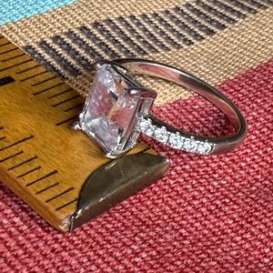 Silver emerald cut Clear Cubic Zirconia Solitaire Ring with Pave Band